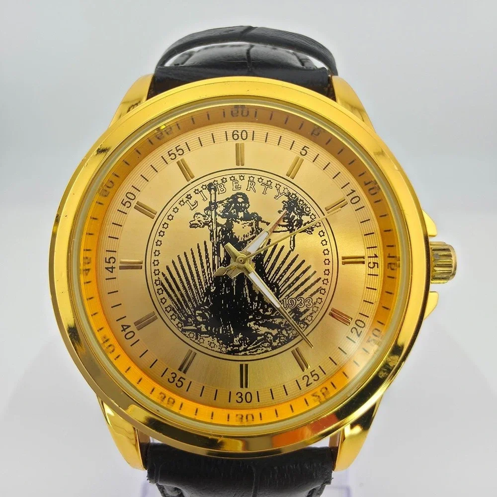Lady Liberty Men's Watch Commemorative Double Gold Faux Leather Gold Tone 8.5